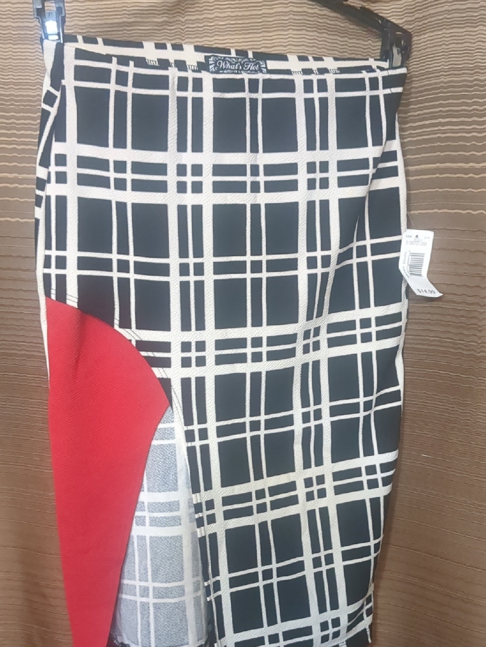 Black & White Plaid Pencil Skirt with Red Accent